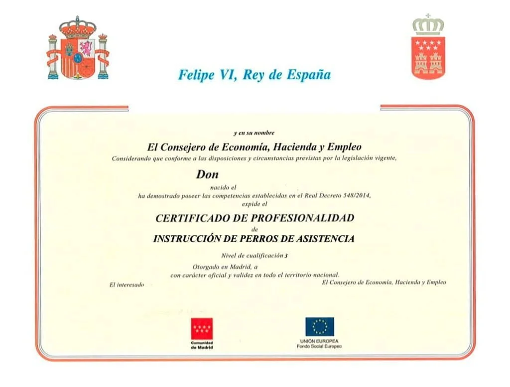 CERTIFICADO INSTRUCCIÓN DE PERROS DE ASISTENCIA